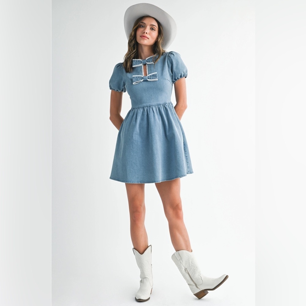 Endless Blu Blue Denim Puff Sleeve Dress